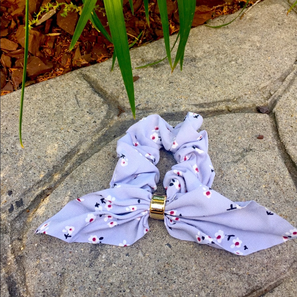 Blue floral hair scrunchie with bow